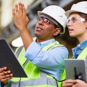 A man and a woman in hard hats, holding tablets and looking up.
