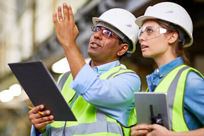A man and a woman in hard hats, holding tablets and looking up.