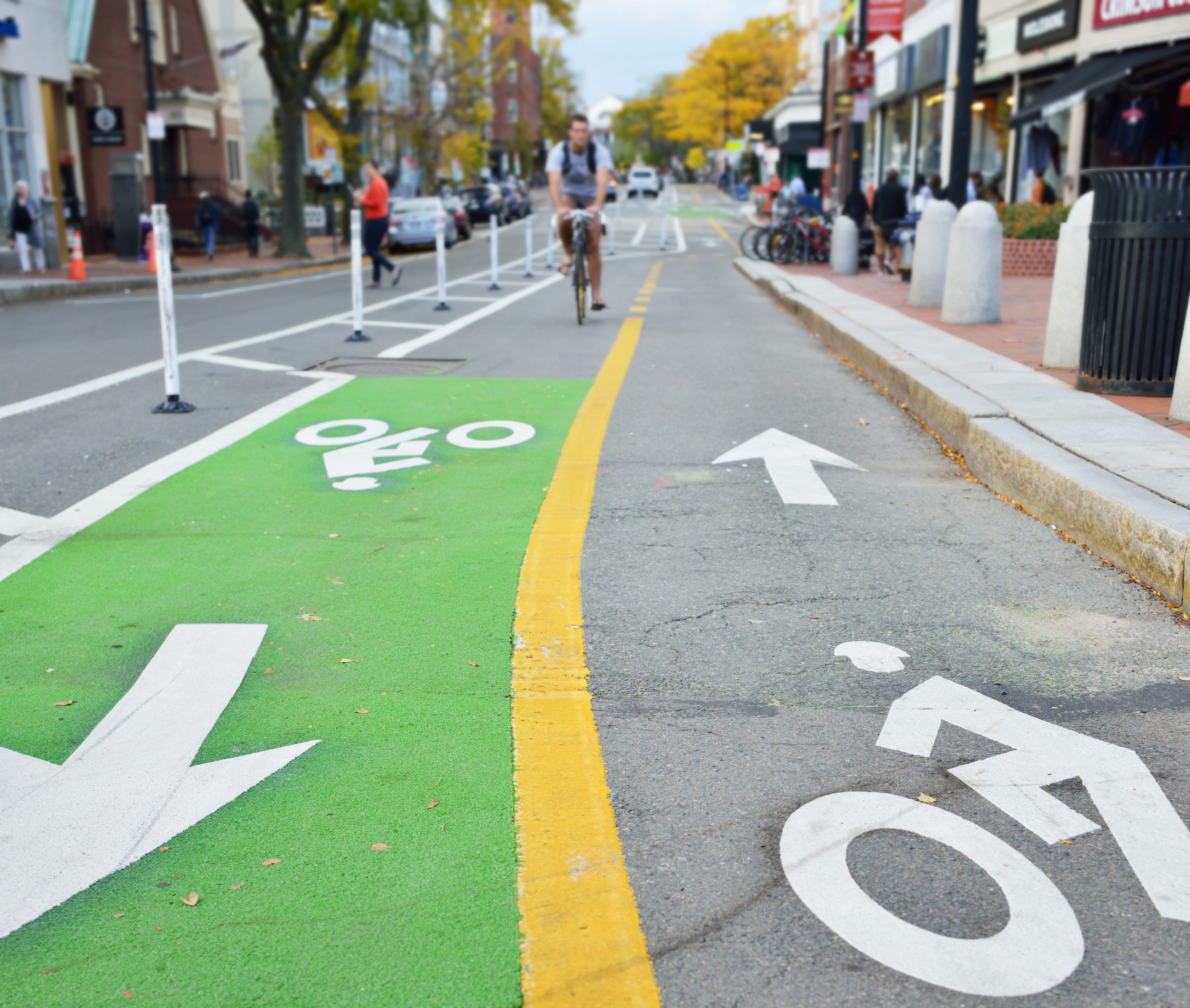 A bike lane separated by flex posts with a cyclist riding on it.